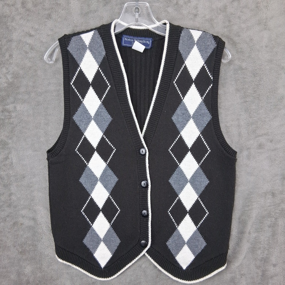 Vintage Norton McNaughton Petite Argyle Sweater Vest Black White Grey Small
